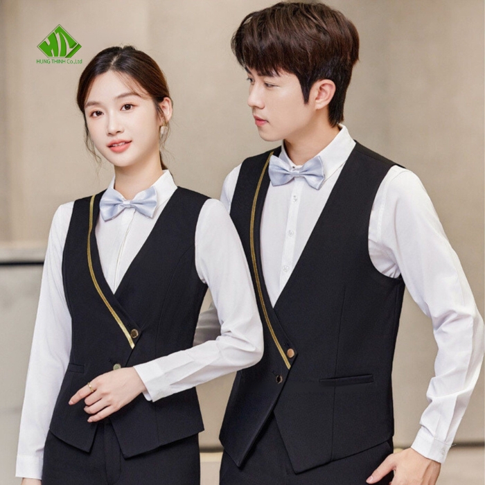 Ao gile dong phuc mau den phoi vien vang anh kim