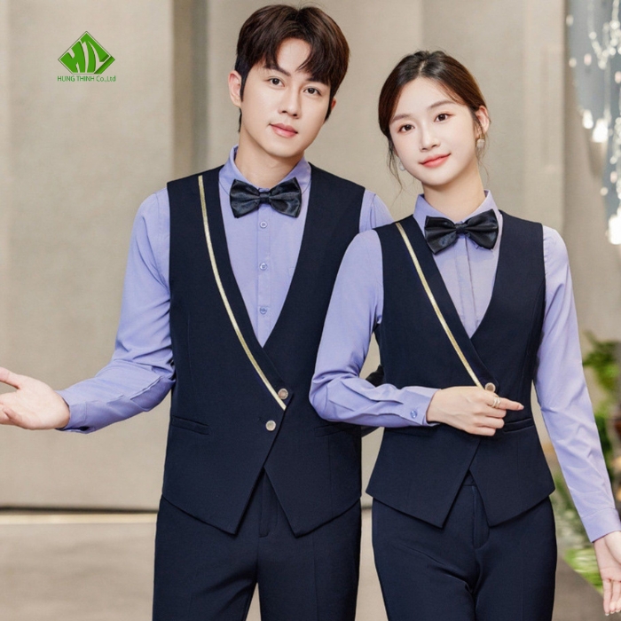 Ao gile dong phuc mau xanh den phoi vien vang anh kim