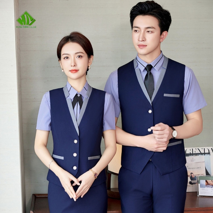 Ao gile dong phuc mau xanh navy phoi xam