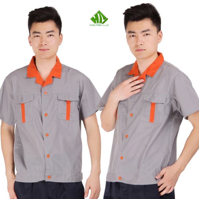 Ao so mi dong phuc cong nhan mau xam phoi cam