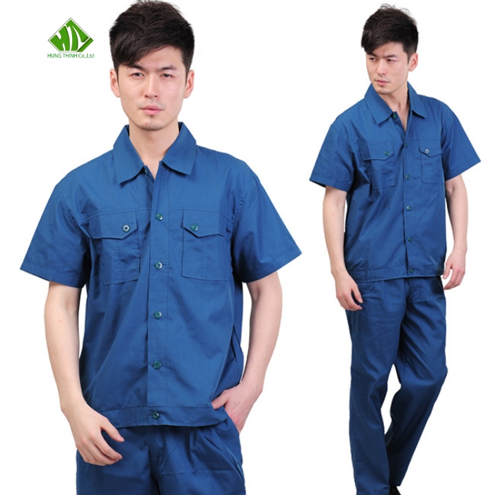 Ao so mi dong phuc cong nhan mau xanh duong dam