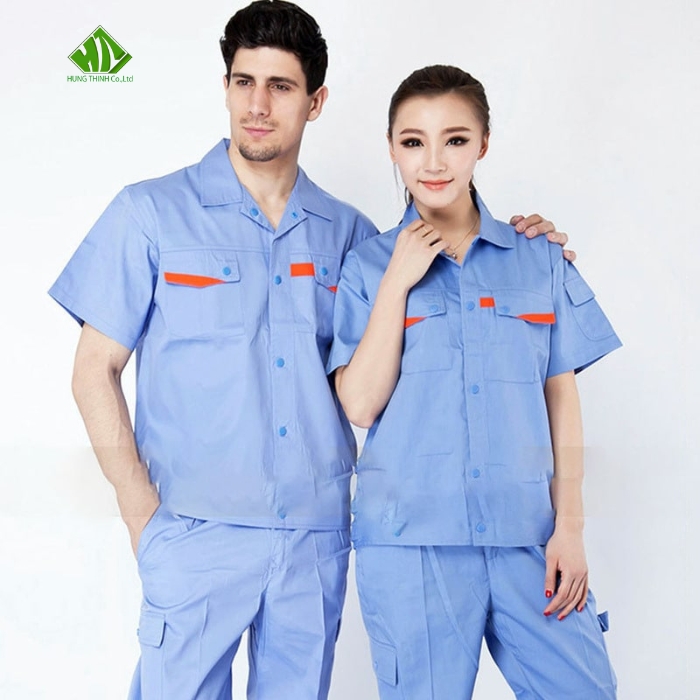 Ao so mi dong phuc cong nhan mau xanh duong nhat
