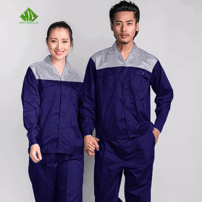 Ao so mi dong phuc cong nhan mau xanh tim than phoi xam nhat