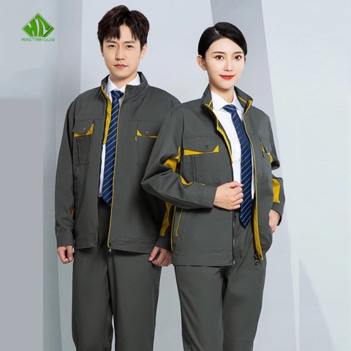 Dong phuc bao ho lao dong mau xam dam phoi vang