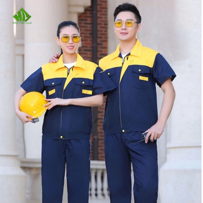 Dong phuc bao ho lao dong mau xanh dam phoi vang