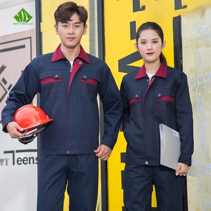 Dong phuc bao ho lao dong mau xanh den phoi do do