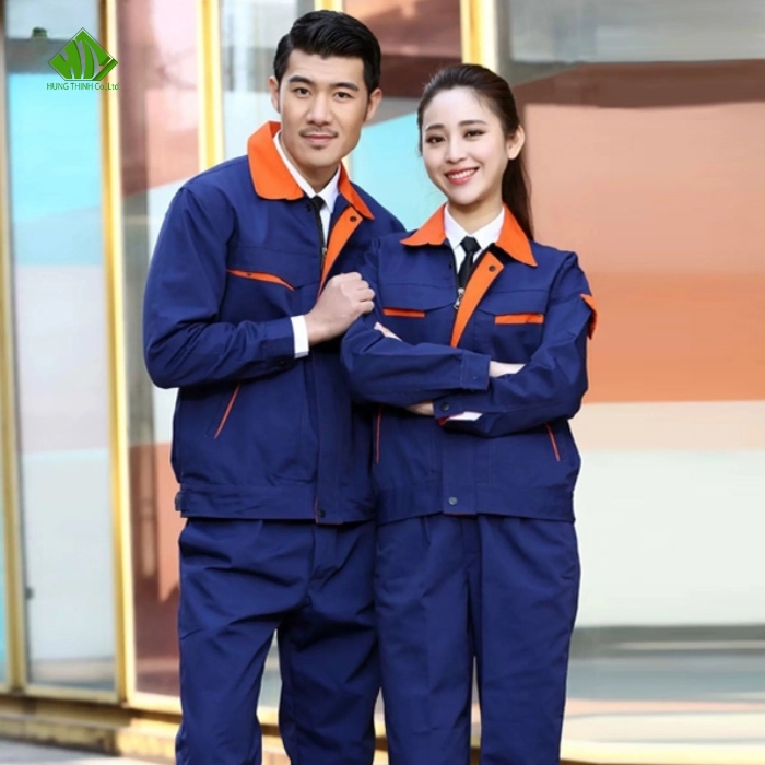 Dong phuc bao ho lao dong mau xanh duong dam phoi cam