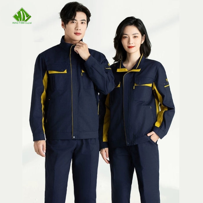 Dong phuc bao ho lao dong mau xanh duong dam phoi vang