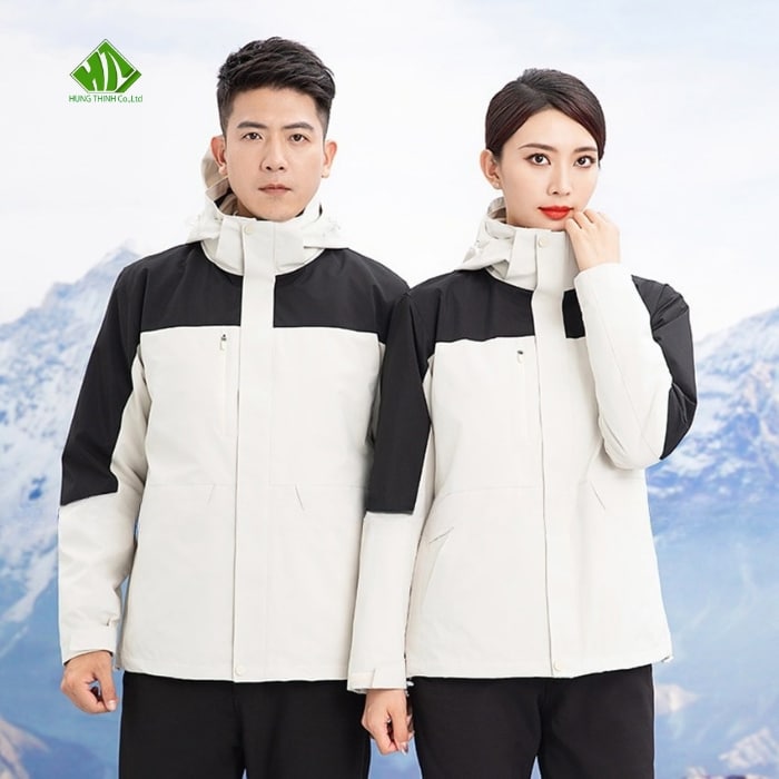 Ao gio dong phuc mau trang nhat phoi den