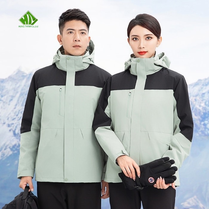 Ao gio dong phuc mau xanh xam nhat phoi den