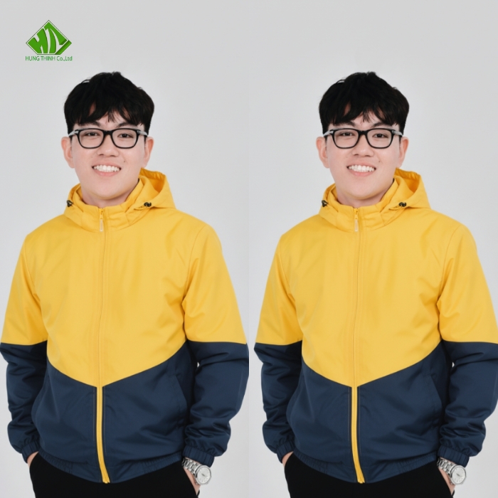 Ao gio dong phuc mau vang phoi xanh den