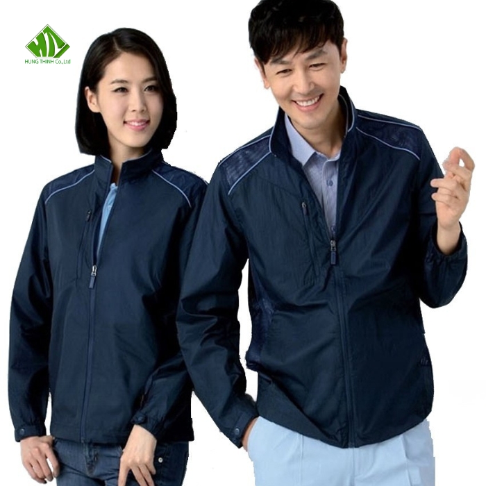 Ao khoac dong phuc mau xanh den phoi vien xam bac