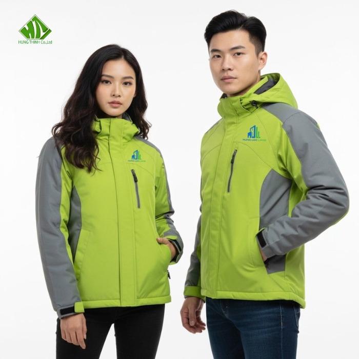 Ao khoac dong phuc mau xanh la phoi ghi xam