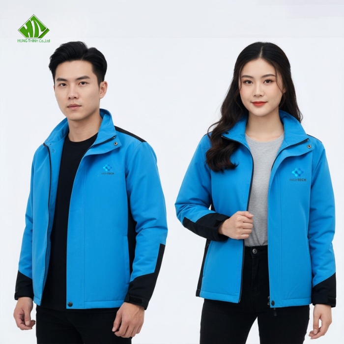 Ao khoac dong phuc mau xanh nuoc bien phoi den