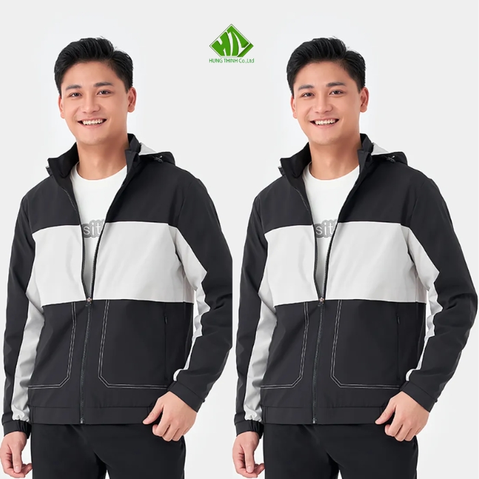 Ao gio dong phuc mau den phoi xam trang