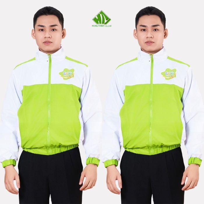 Ao gio dong phuc mau trang phoi xanh la ma 01