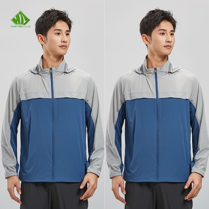 Ao gio dong phuc mau xanh duong phoi xam ghi