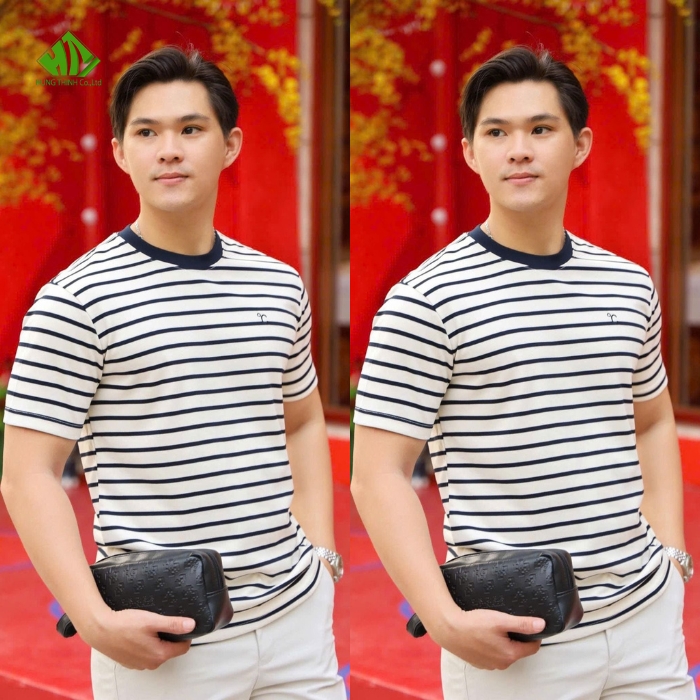 Ao thun dong phuc co tron mau trang kem phoi ke soc xanh den