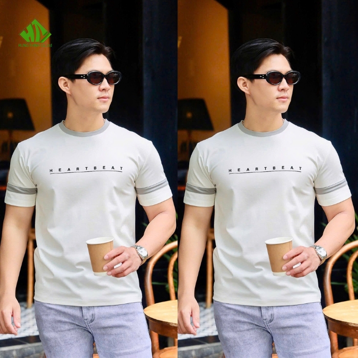 Ao thun dong phuc co tron mau trang kem phoi xam nhat