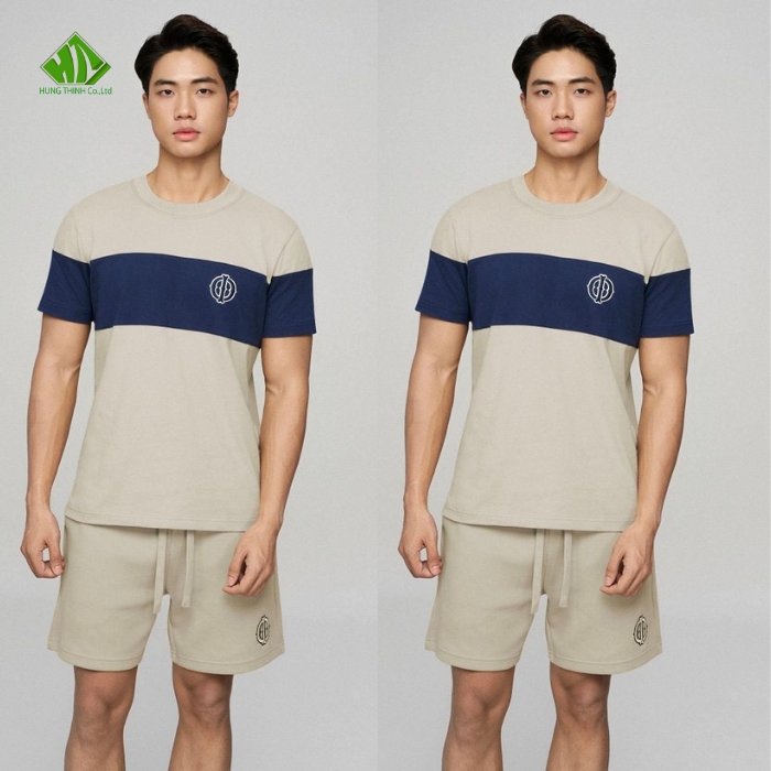 Ao thun dong phuc co tron mau xam nhat phoi xanh den