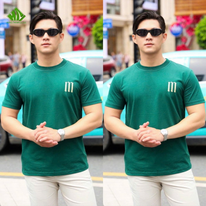 Ao thun dong phuc co tron mau xanh la dam