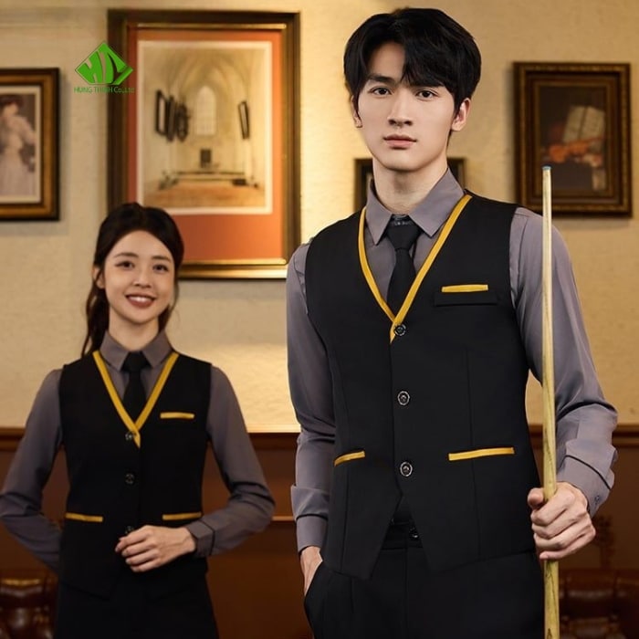 Ao gile dong phuc mau den phoi vien vang