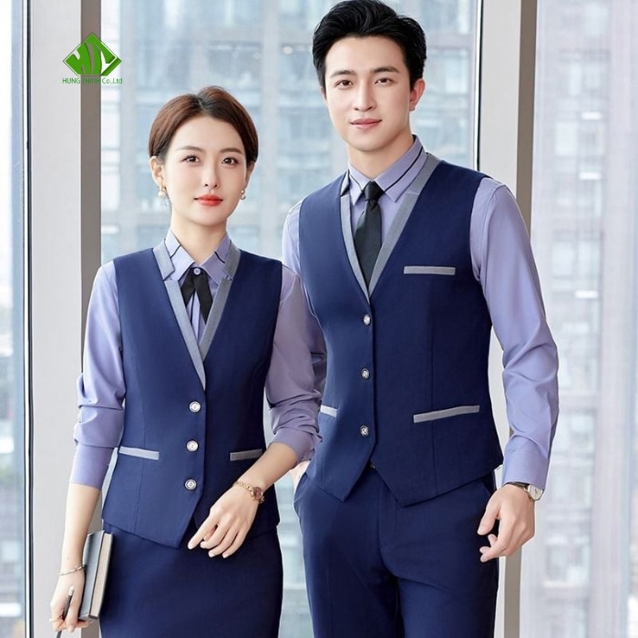 Ao gile dong phuc mau xanh duong dam phoi vien xam ghi