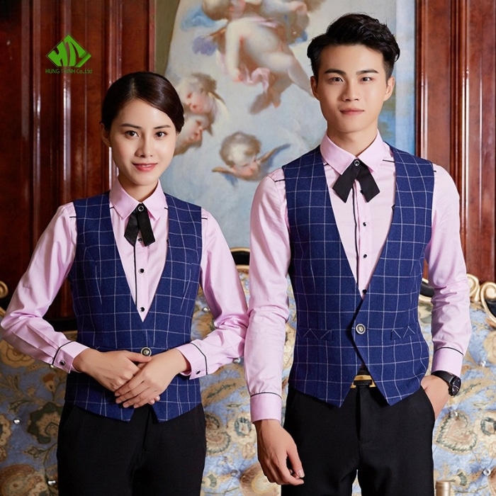 Ao gile dong phuc mau xanh duong ke o vuong