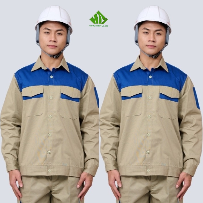 Ao so mi dong phuc cong nhan mau be phoi xanh duong