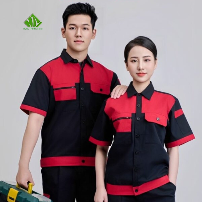 Ao so mi dong phuc cong nhan mau den phoi do