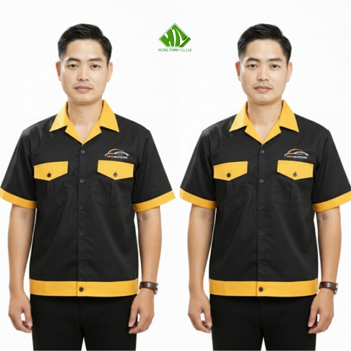Ao so mi dong phuc cong nhan mau den phoi vang nghe