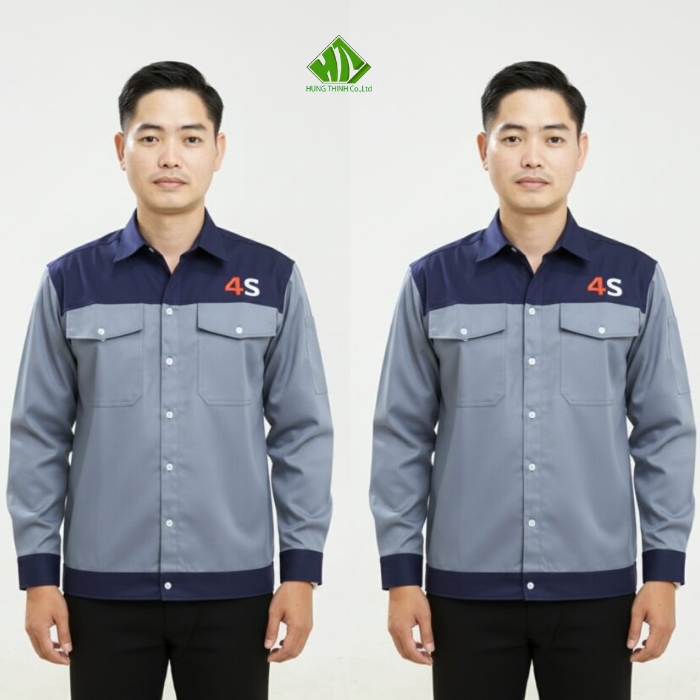 Ao so mi dong phuc cong nhan mau ghi dam phoi xanh den