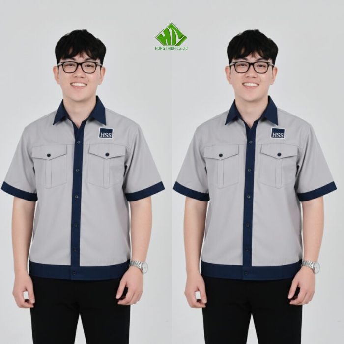 Ao so mi dong phuc cong nhan mau ghi sang phoi xanh den