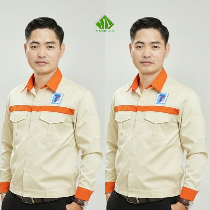 Ao so mi dong phuc cong nhan mau vang cam phoi kem