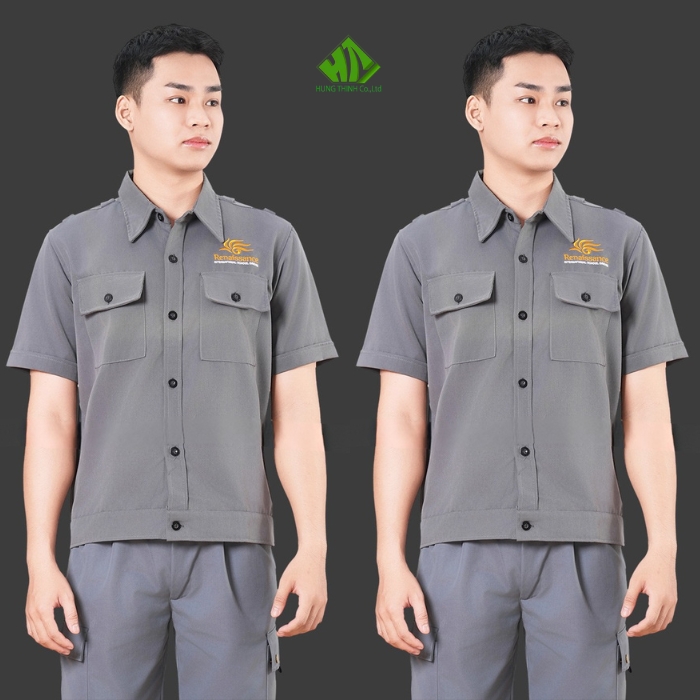 Ao so mi dong phuc cong nhan mau xam chi