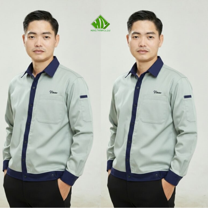 Ao so mi dong phuc cong nhan mau xam nhat phoi xanh den
