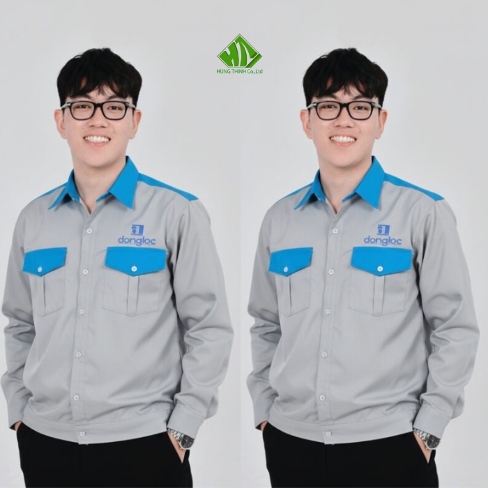 Ao so mi dong phuc cong nhan mau xam nhat phoi xanh duong