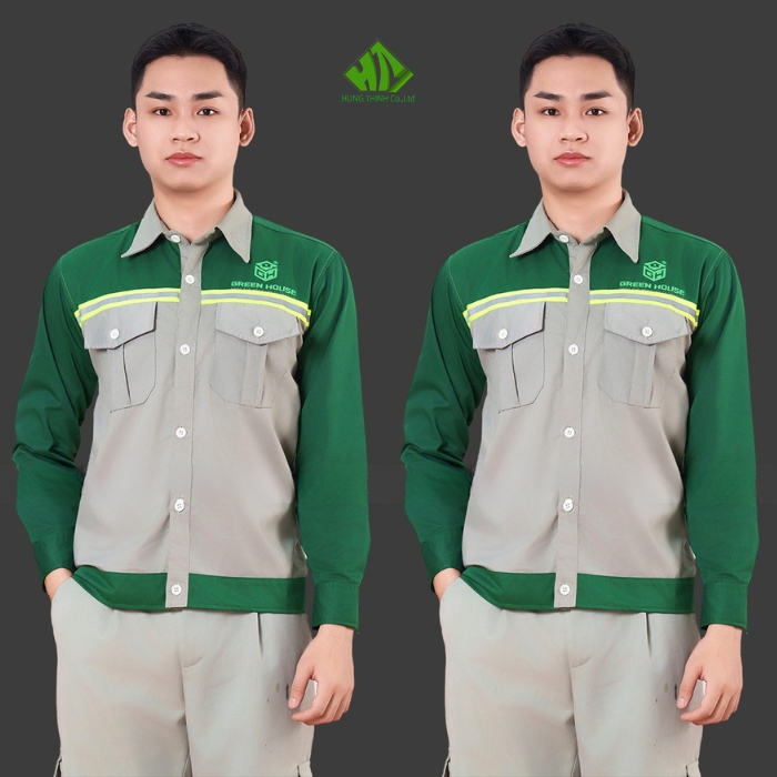 Ao so mi dong phuc cong nhan mau xam nhat phoi xanh luc