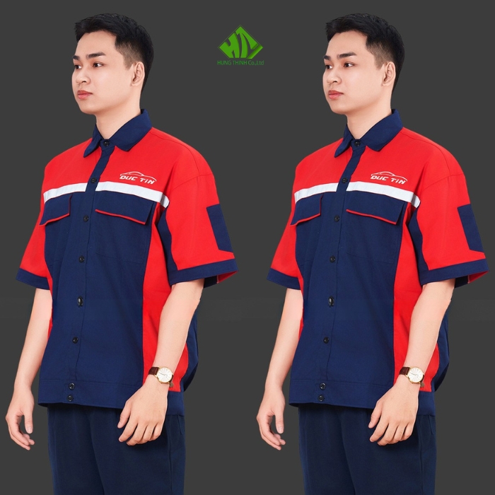 Ao so mi dong phuc cong nhan mau xanh den phoi do