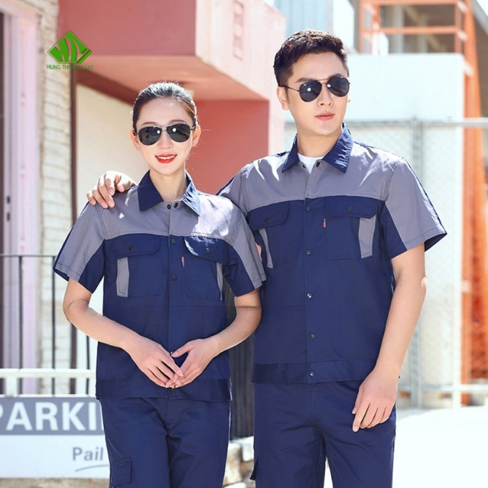 Ao so mi dong phuc cong nhan mau xanh den phoi xam ghi