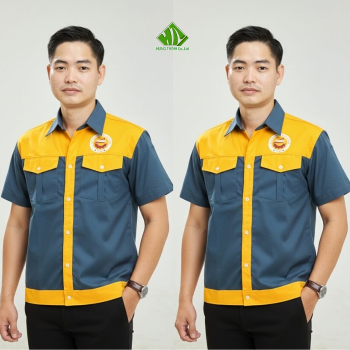 Ao so mi dong phuc cong nhan mau xanh xam phoi vang tuoi