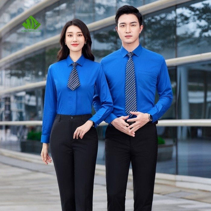 Ao so mi dong phuc van phong mau xanh duong dam