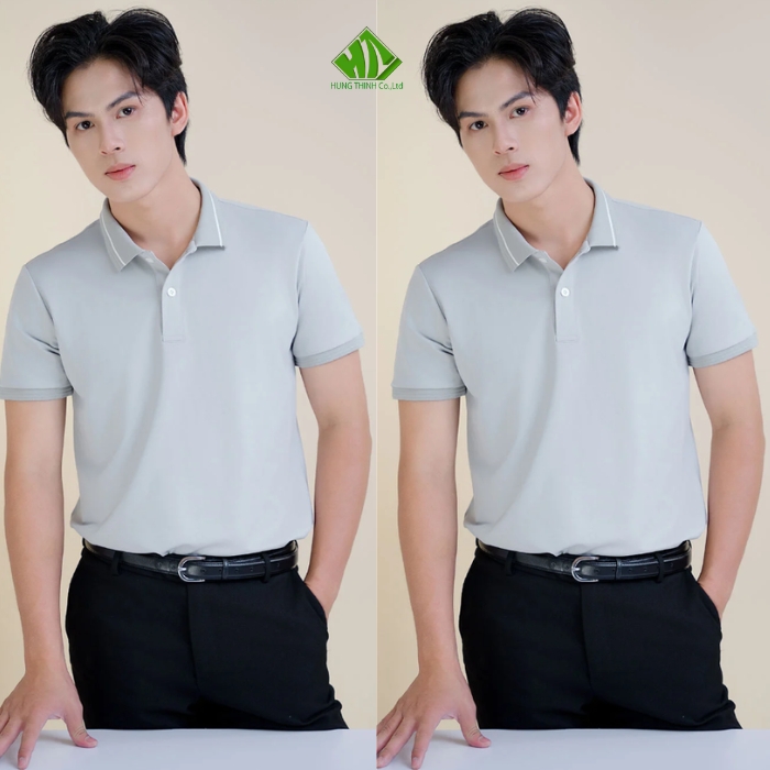 Ao thun dong phuc co tru mau ghi sang phoi vien trang