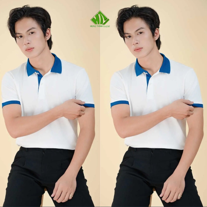 Ao thun dong phuc co tru mau trang phoi xanh duong