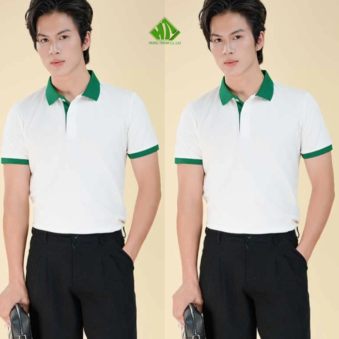 Ao thun dong phuc co tru mau trang phoi xanh la cay