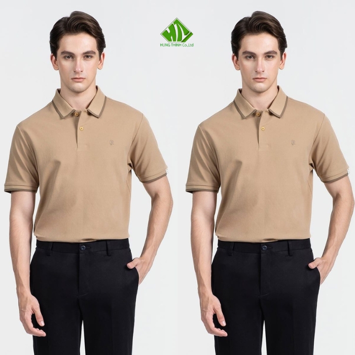 Ao thun dong phuc co tru mau vang cat phoi vien nau dam