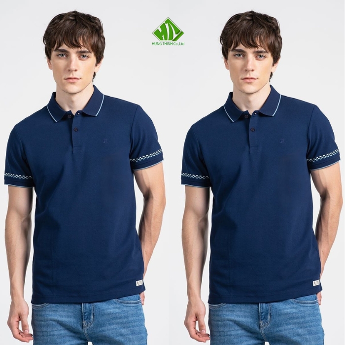 Ao thun dong phuc co tru mau xanh den phoi vien xanh nhat