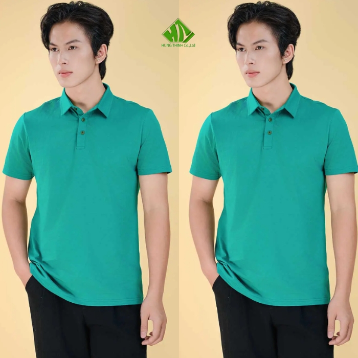 Ao thun dong phuc co tru mau xanh luc bao